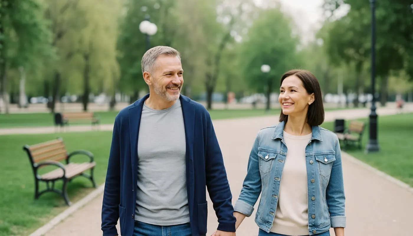 A couple walking together and smiling
