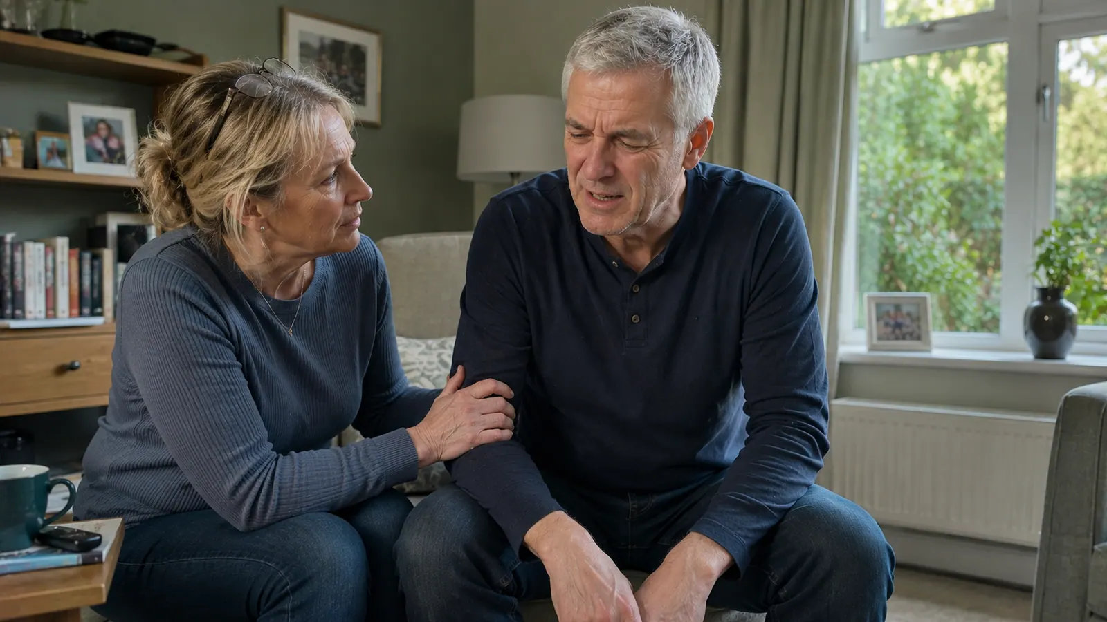 A man and his partner talking on the sofa