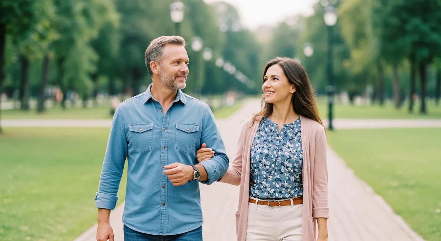 A couple walking arm in arm through a London park