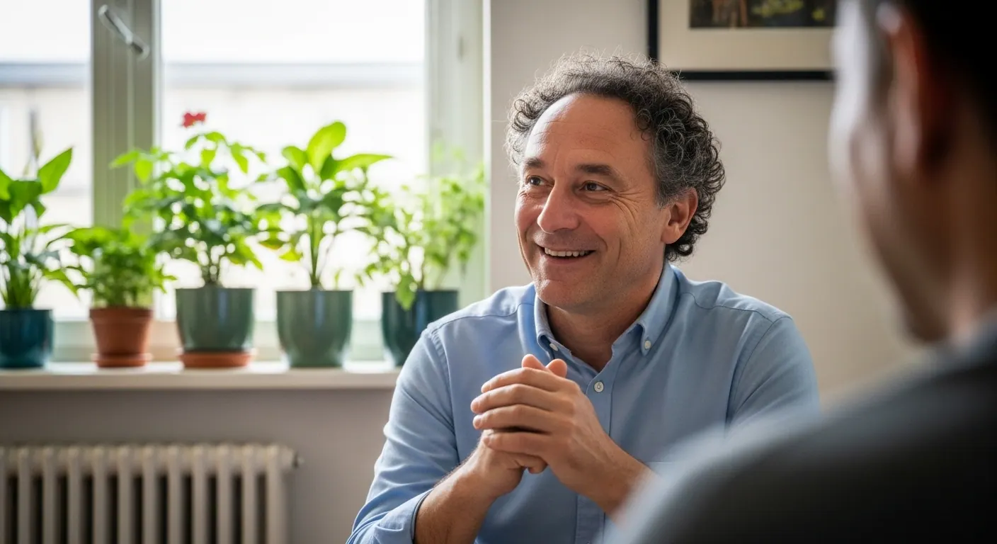 A man in his fifties smiling in an office